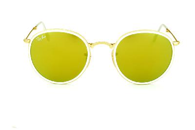 Óculos Ray-Ban Round RB 3517 metal dourado friso branco redondo com lente espelhada amarela