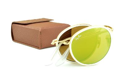 Óculos Ray-Ban Round RB 3517 metal dourado friso branco redondo com lente espelhada amarela