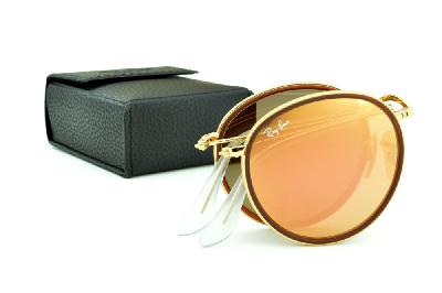 Óculos Ray-Ban Round RB 3517 metal dourado friso marrom redondo com lente espelhada rosê