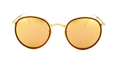 Óculos Ray-Ban Round RB 3517 metal dourado friso marrom redondo com lente espelhada rosê